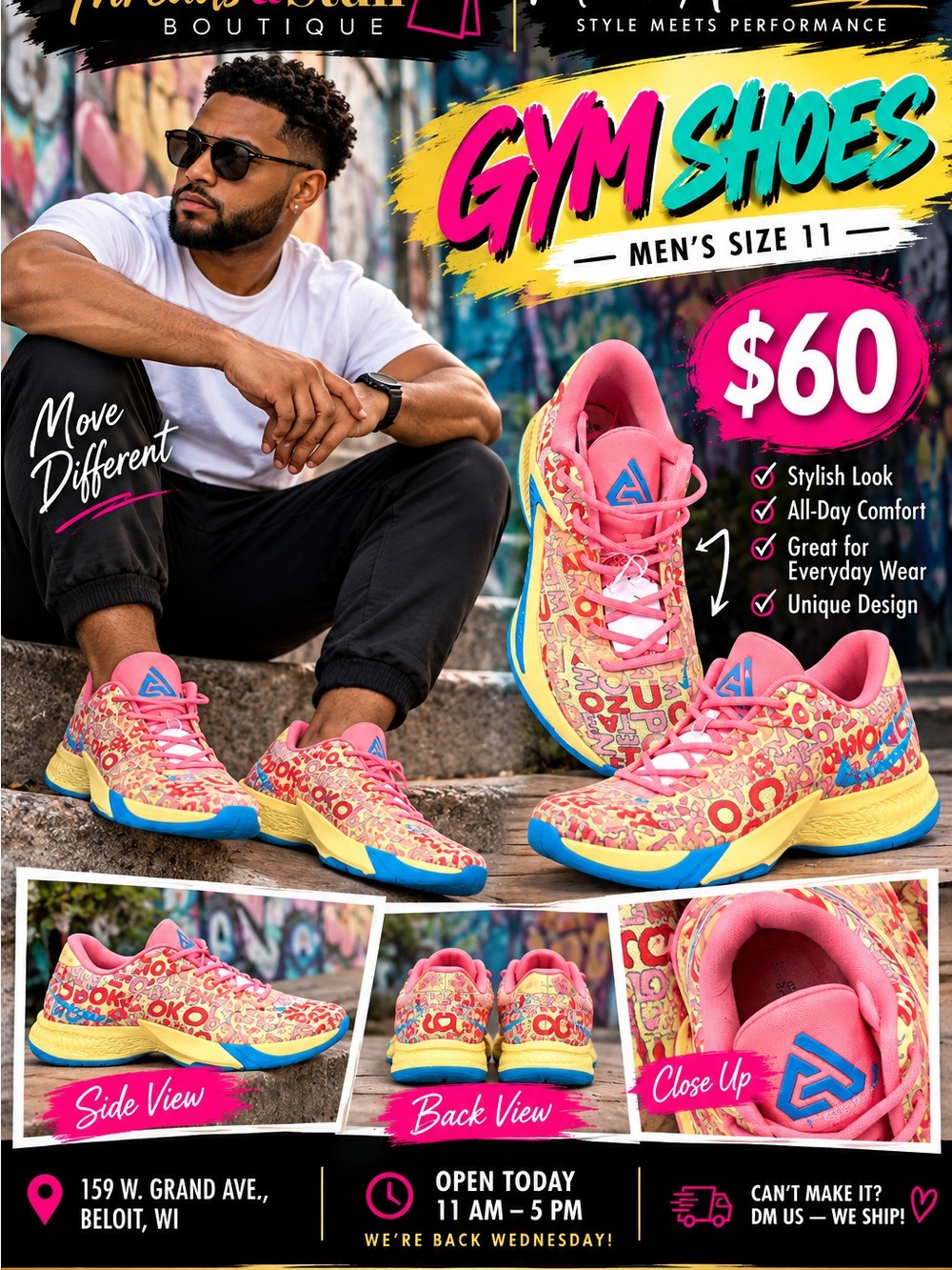 Men's Pink Patterned Gym Shoes - Size 11